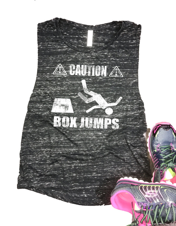 Caution Box Jumps Funny Women's Workout Muscle Tank