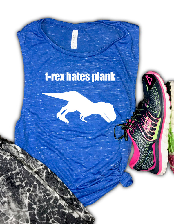 t-rex hates plank yoga Women's Workout Muscle Tank